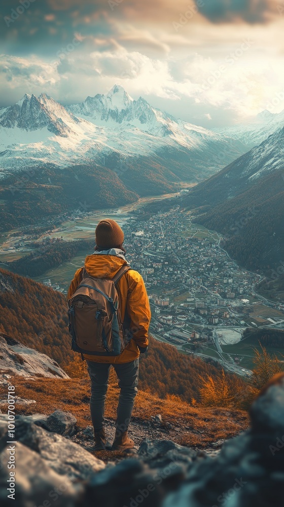 A captivating real-life photograph for Traveler Day, showcasing a scenic travel destination with a traveler exploring the landscape, featuring wide open spaces for adding inspirational travel quotes A captivating real-life photograph for Traveler Day, showcasing a scenic travel destination with a traveler exploring the landscape, featuring wide open spaces for adding inspirational travel quotes