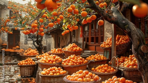 A tall old persimmon trees in the old-fashioned courtyard, full of big red persimmons, there are baskets of persimmons under the persimmon tree.