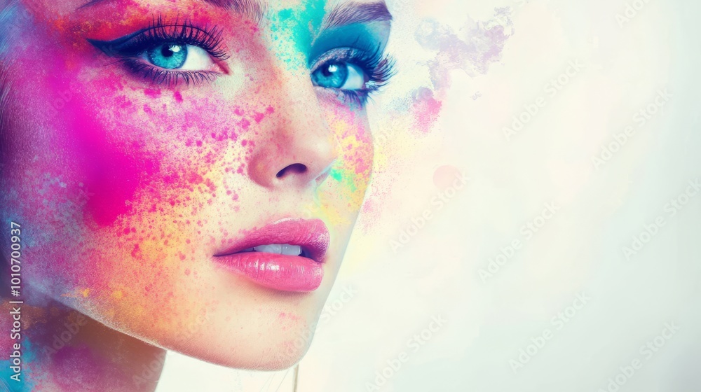Vibrant Surreal Beauty Portrait of a Youthful Woman with Creative Colorful Makeup and Digital Art Effects Vibrant Surreal Beauty Portrait of a Youthful Woman with Creative Colorful Makeup and Digital Art Effects
