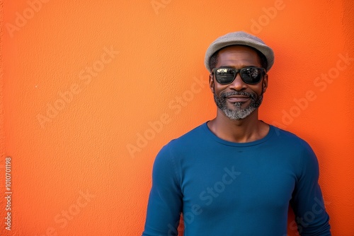 Man wearing a blue shirt and a hat is standing in front of a red wall. He is smiling and looking at the camera