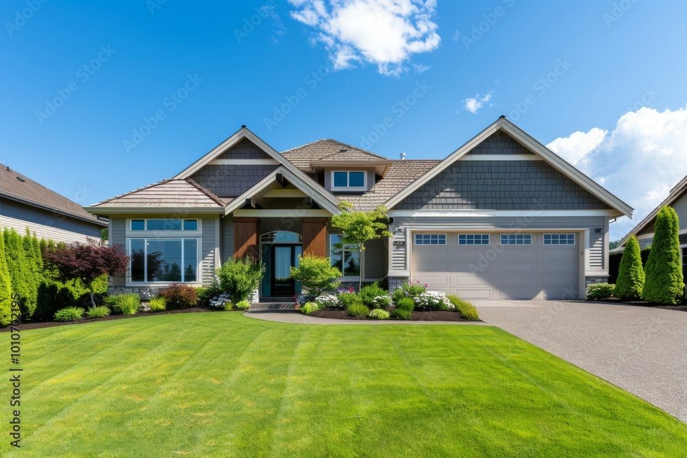 A beautifully designed new house stands proudly with a for sale sign in the yard. Lush green grass and vibrant landscaping enhance its appeal, inviting potential buyers to explore. A beautifully designed new house stands proudly with a for sale sign in the yard. Lush green grass and vibrant landscaping enhance its appeal, inviting potential buyers to explore.