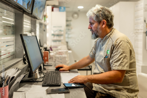 Pharmacist using computer for paperwork in the office