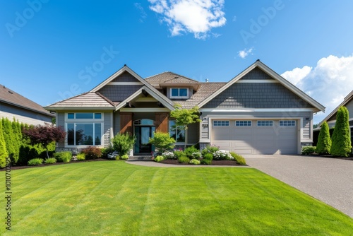 A beautifully designed new house stands proudly with a for sale sign in the yard. Lush green grass and vibrant landscaping enhance its appeal  inviting potential buyers to explore.