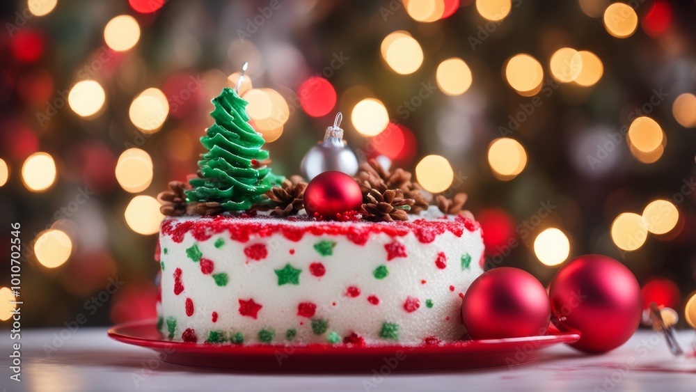 Christmas cake on a red plate on the table Christmas cake on a red plate on the table
