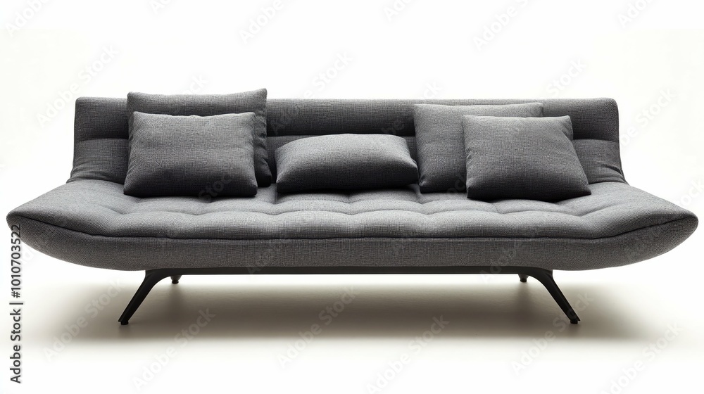 A modern gray sofa with four pillows and black legs on a white background. A modern gray sofa with four pillows and black legs on a white background.