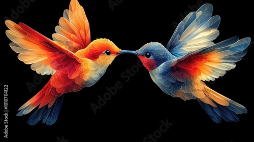 Two vividly colored hummingbirds facing each other.