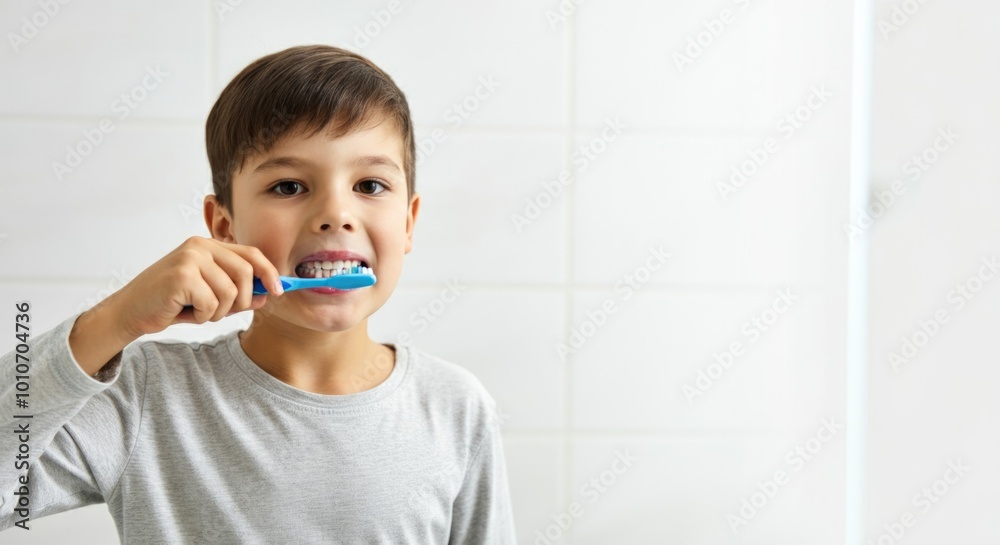 Young Boy Practicing Dental Hygiene by Brushing Teeth in Bathroom Young Boy Practicing Dental Hygiene by Brushing Teeth in Bathroom