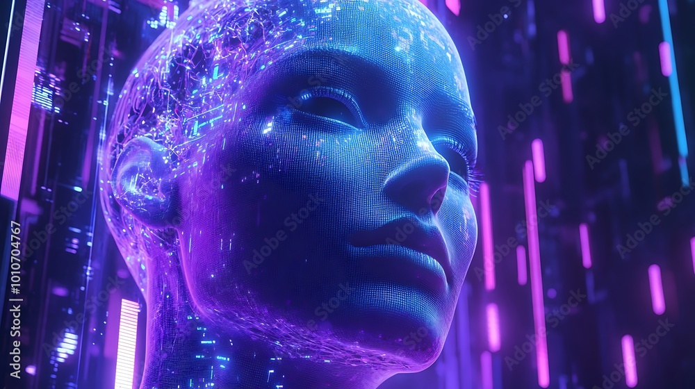 AI robot with illuminated circuit face glowing in neon colors image