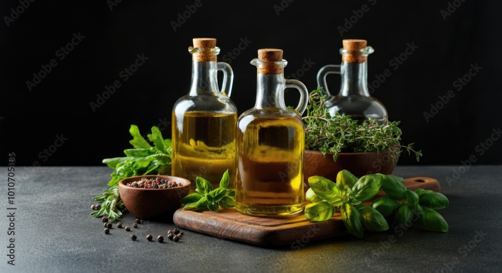 Artisanal Olive Oil Bottles with Fresh Herbs on Wooden Board Artisanal Olive Oil Bottles with Fresh Herbs on Wooden Board