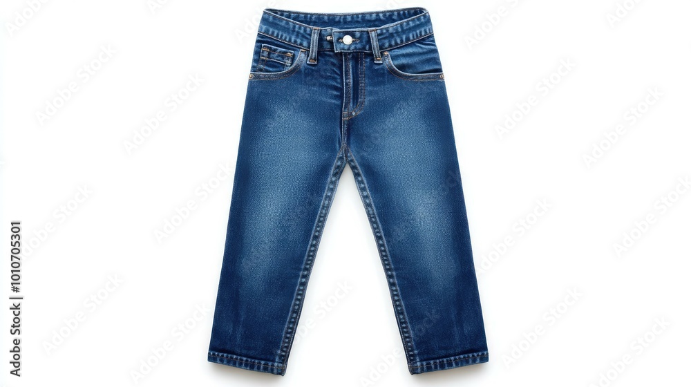 A pair of blue denim jeans isolated on a white background.