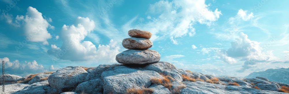 Stacked rocks on a rocky mountain with a clear blue sky and clouds. Stacked rocks on a rocky mountain with a clear blue sky and clouds.
