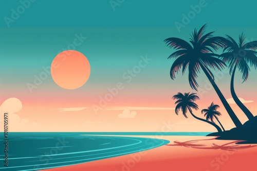 Golden rays of the sunset illuminate a tranquil tropical beach  where gentle waves lap at the shore adorned with lush palm trees swaying in the warm breeze.