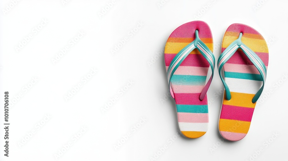 A pair of colorful striped flip-flops isolated on a white background with copy space. A pair of colorful striped flip-flops isolated on a white background with copy space.