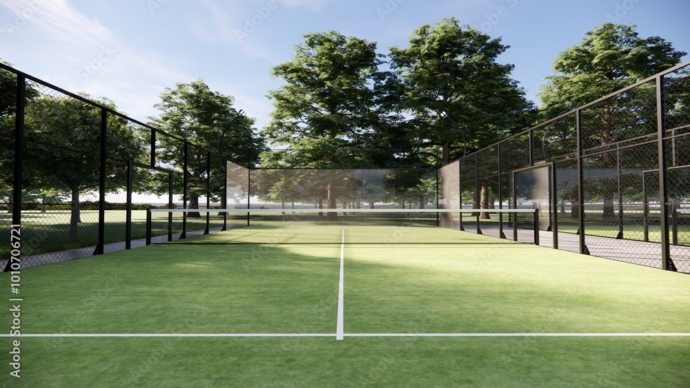 Fototapeta premium Padel court with lines, net and glass structure at rural area