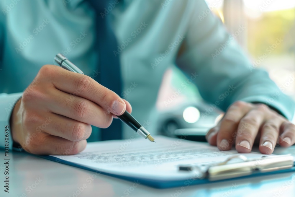 A real estate broker carefully reviews and signs a residential rental agreement. The setting exudes professionalism, emphasizing the importance of securing a rental property. A real estate broker carefully reviews and signs a residential rental agreement. The setting exudes professionalism, emphasizing the importance of securing a rental property.