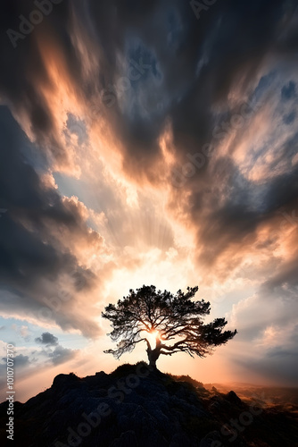 A rugged landscape after a storm, with a solitary tree on a hilltop standing tall against dark, receding clouds.