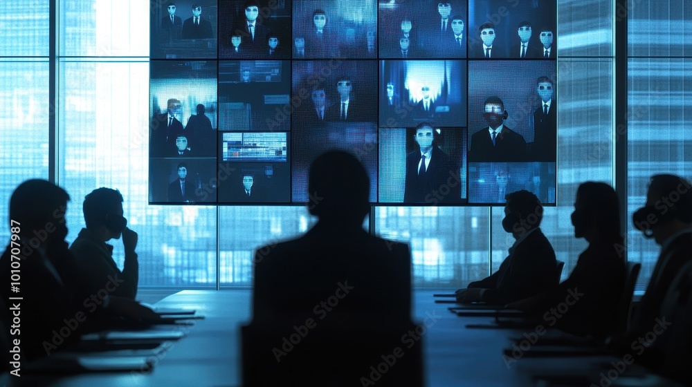 Corporate Meeting: Silhouettes of Businesspeople Overlooking Headshot Wall Corporate Meeting: Silhouettes of Businesspeople Overlooking Headshot Wall