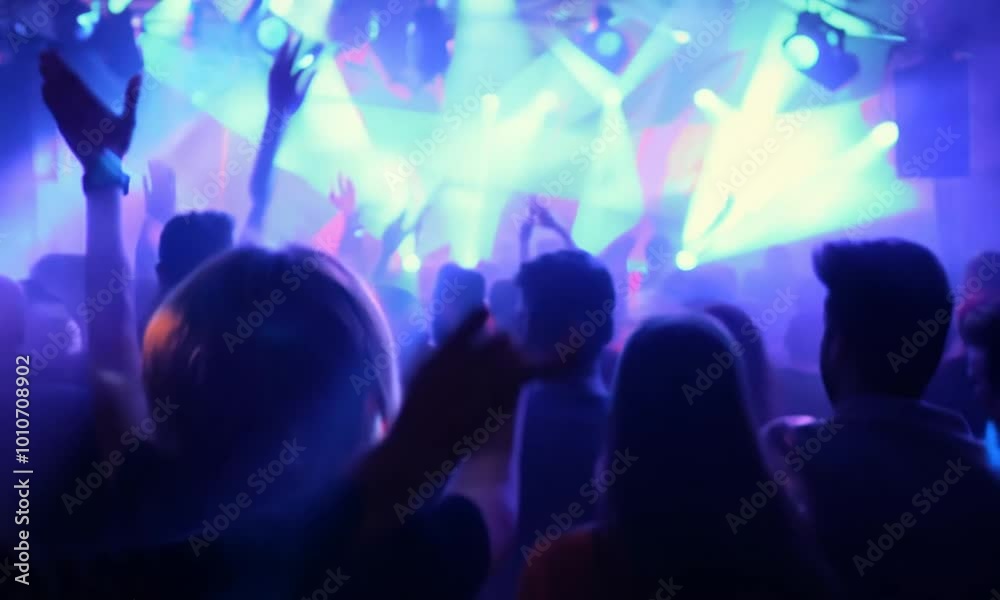 people dancing in the nightclub or dancefloor with light movement on front DJ