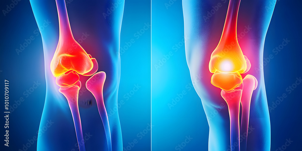 Crystal-clear image of healthy knees next to a depiction of arthritic discomfort, highlighting resilience, knees Crystal-clear image of healthy knees next to a depiction of arthritic discomfort, highlighting resilience, knees