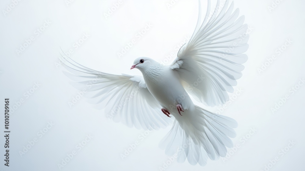 Fototapeta premium Ethereal White Dove in Graceful Flight Against Pale Background