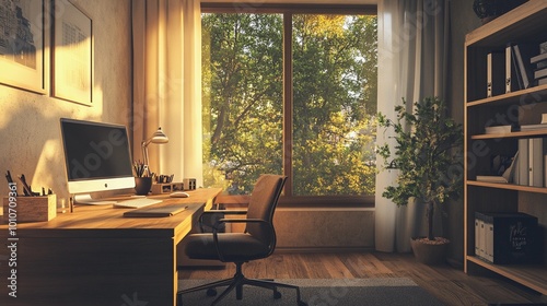 Obraz na płótnie Modern cozy home office, wooden desk, ergonomic chair, large windows, soft lighting, warm neutral tones, minimalist decor, inviting atmosphere w salonie