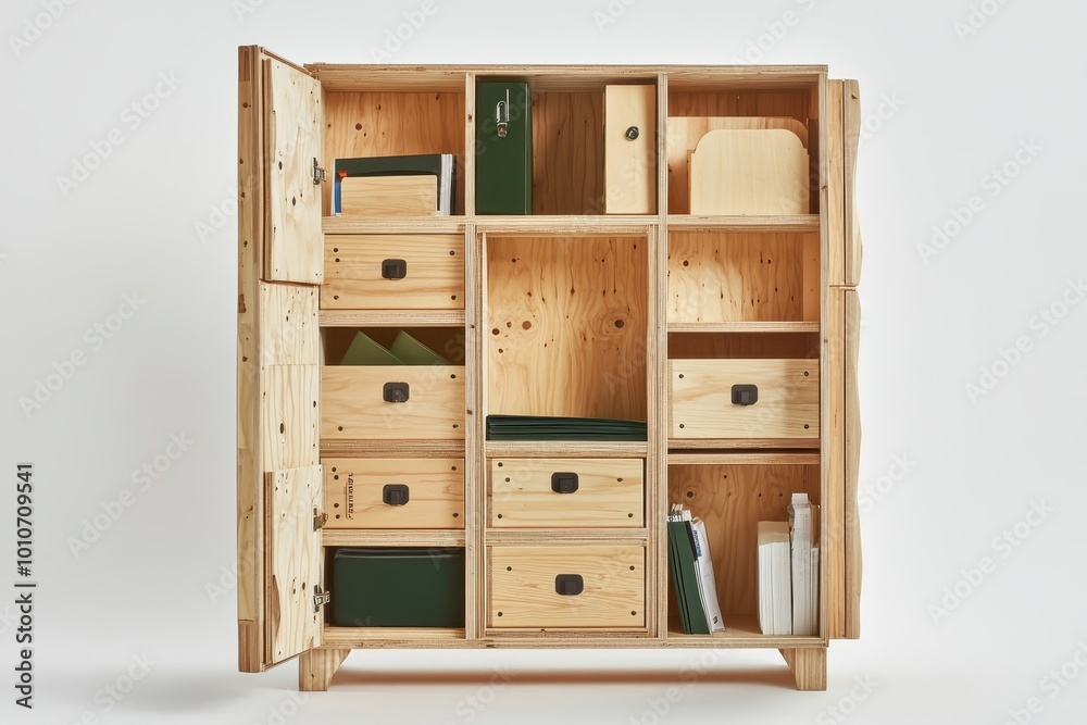 A wooden storage cabinet with various drawers and compartments for organization. A wooden storage cabinet with various drawers and compartments for organization.