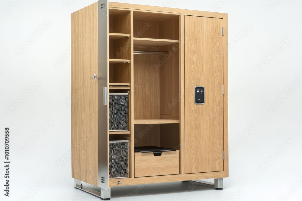A wooden storage cabinet with shelves and a lockable door for organization.
