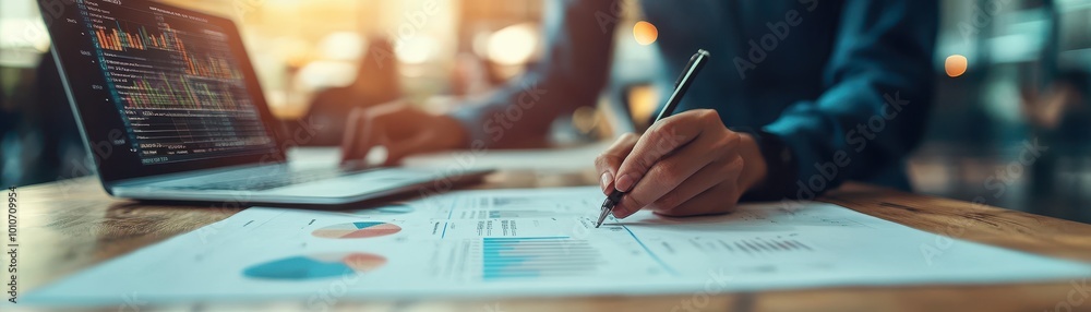 Business Professional Analyzing Financial Data on Laptop and Paper Charts in Modern Office Setting