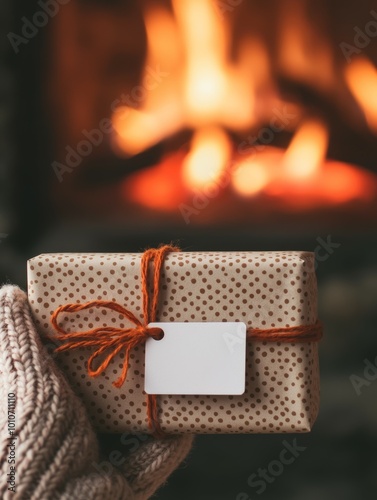 Close-up of a Christmas present with a blank card by the fireplace