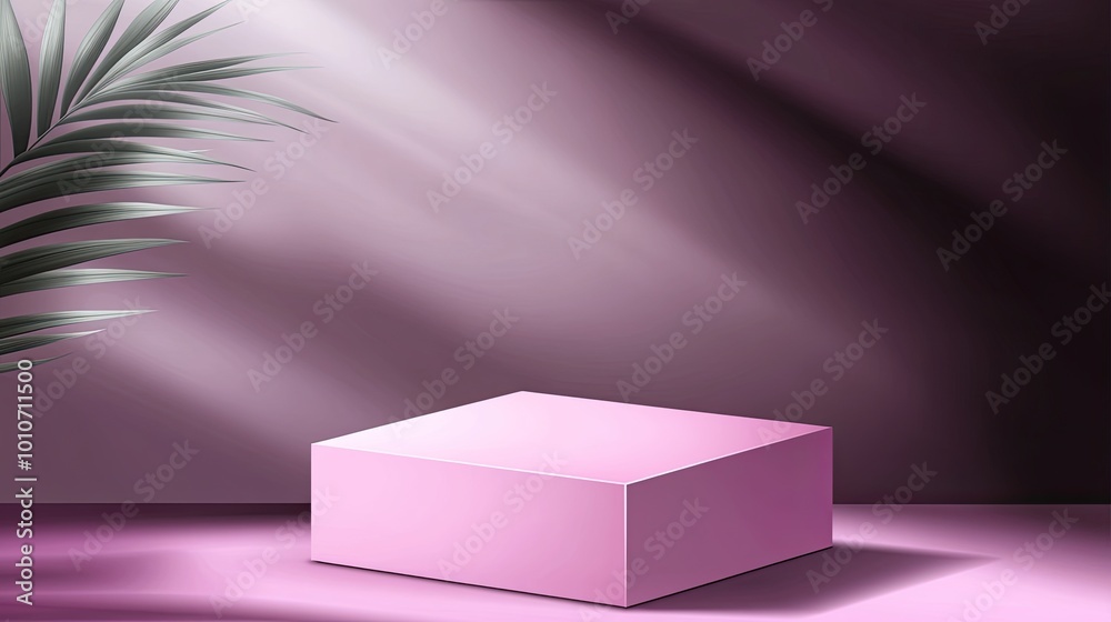 A pink platform podium in a dimly lit room with a single palm leaf to the left, bathed in a spotlight.