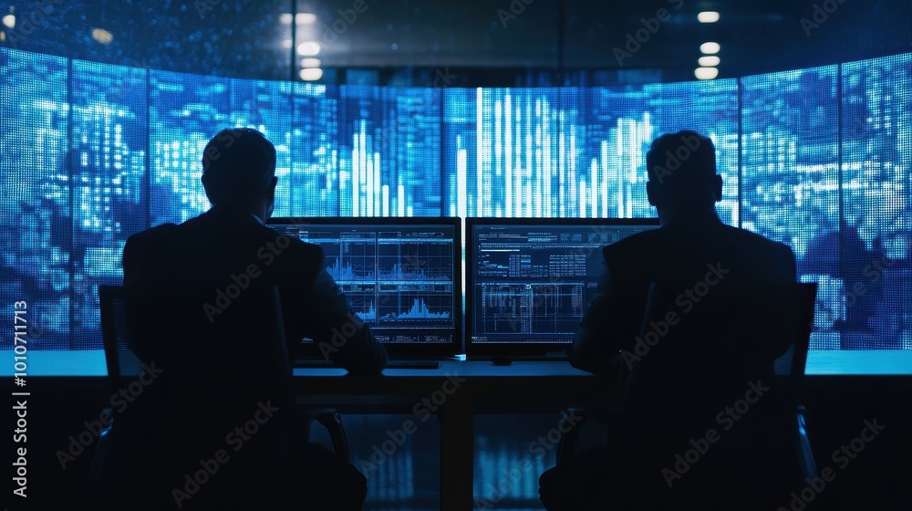Silhouetted Figures Analyzing Data in a High-Tech Control Room Silhouetted Figures Analyzing Data in a High-Tech Control Room