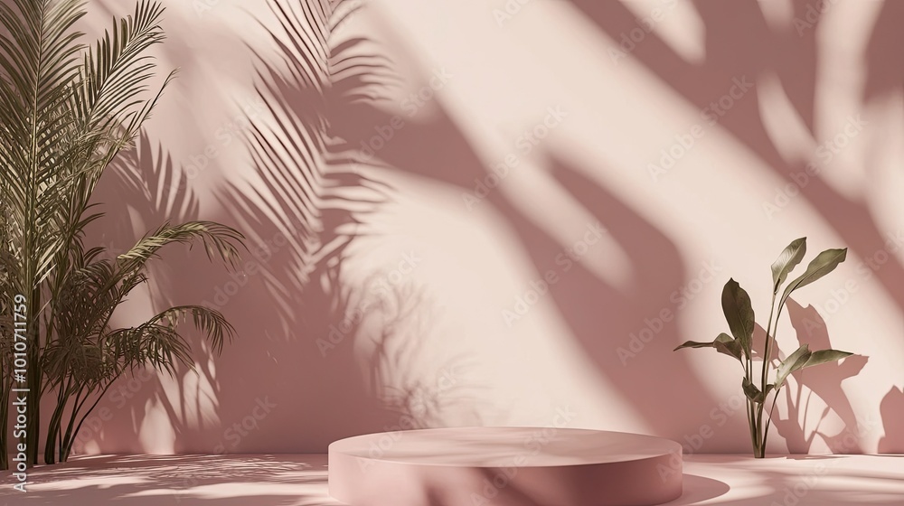 A pink round podium with palm tree shadow and plant on pink wall background. A pink round podium with palm tree shadow and plant on pink wall background.