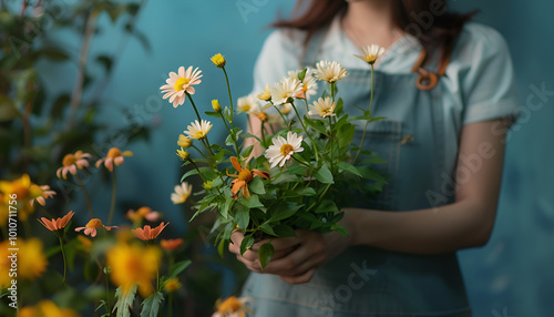 Young woman taking care of blooming flowers, closeup view with space for text. Home gardening