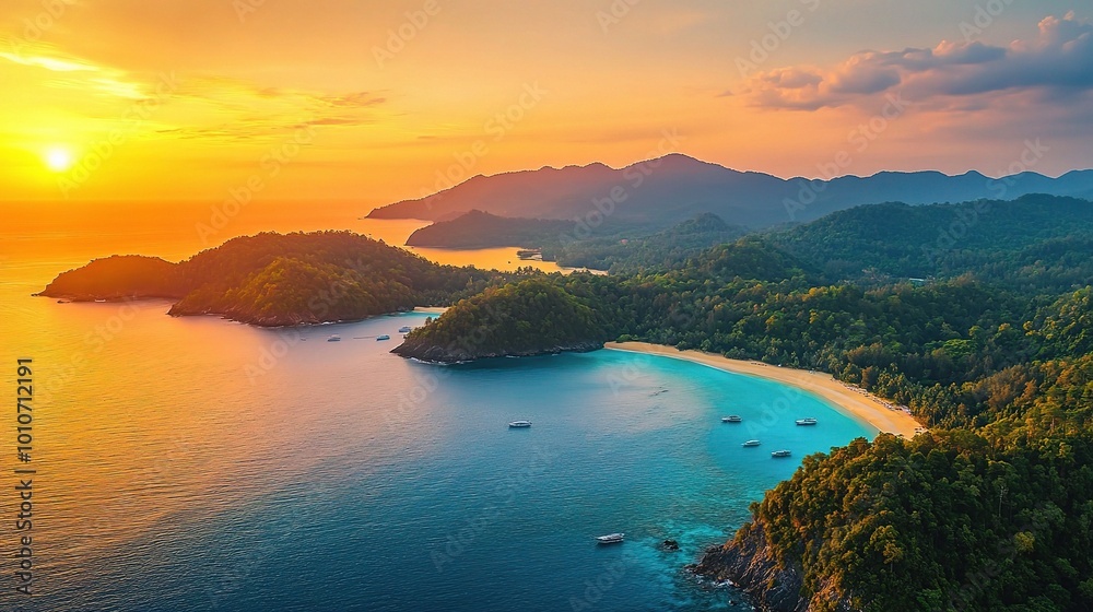 Serene Landscape at Sunset Over Tropical Bay Serene Landscape at Sunset Over Tropical Bay