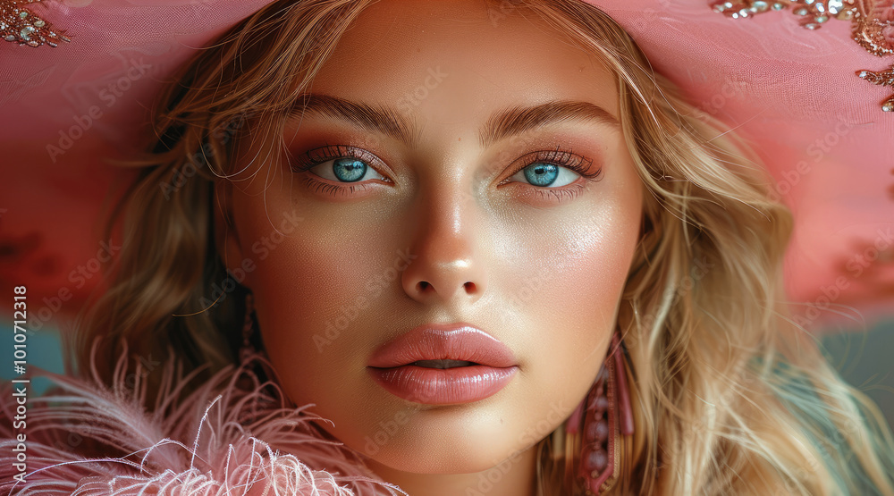 Φωτογραφία A glamorous woman with blonde hair, wearing a luxurious pink hat adorned with ornate golden and crystal decorations, feathers, and intricate embellishments