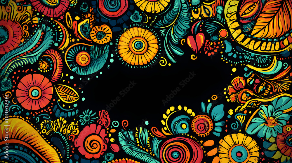 Fototapeta premium Colorful abstract doodle pattern with Indian influence on black background, abstract, doodle, pattern, Indian, vibrant