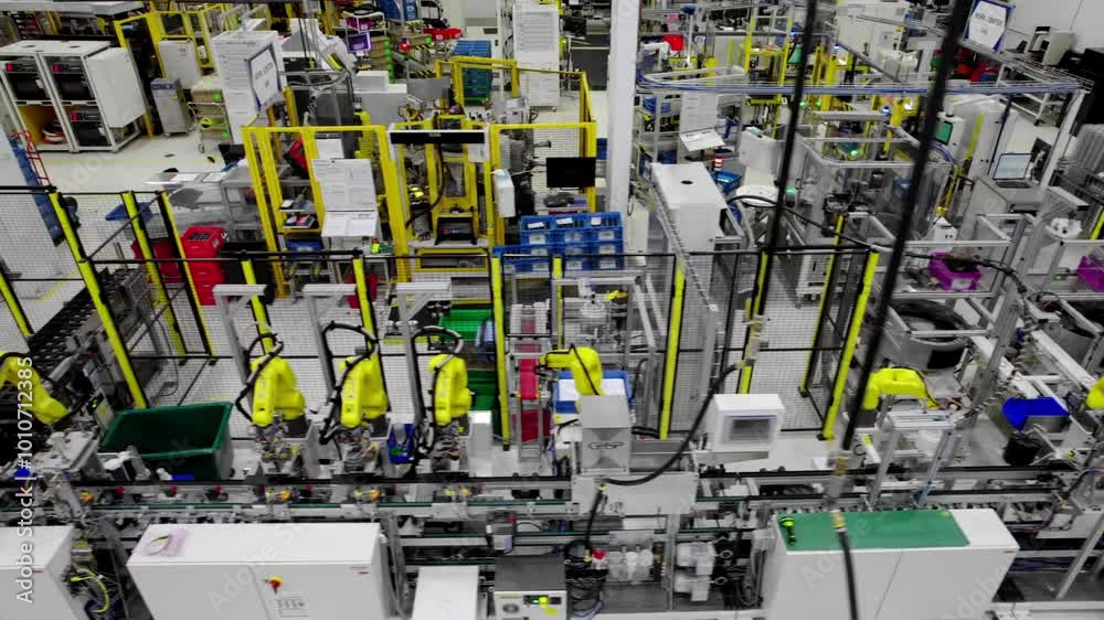 Advanced modern machinery in tech factory, wide high angle slide shot