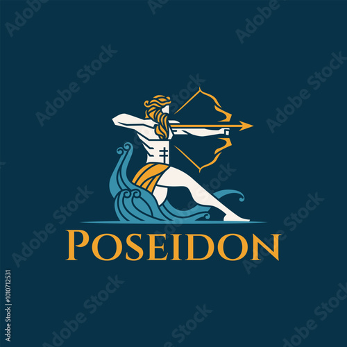 minimalist silhouette greek god poseidon icon logo vector illustration design. simple modern neptune holding bow logo concept