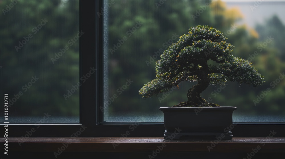 Spotlight on a bonsai tree in a black pot, dark surroundings with a clear window softly visible Spotlight on a bonsai tree in a black pot, dark surroundings with a clear window softly visible