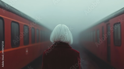 Girl with white hair standing at a railroad station in foggy ambiance photo