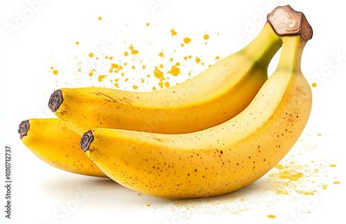 Three ripe yellow bananas with yellow splatters isolated on a white background. photo