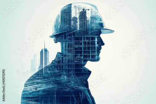 Construction worker's silhouette with cityscape overlay