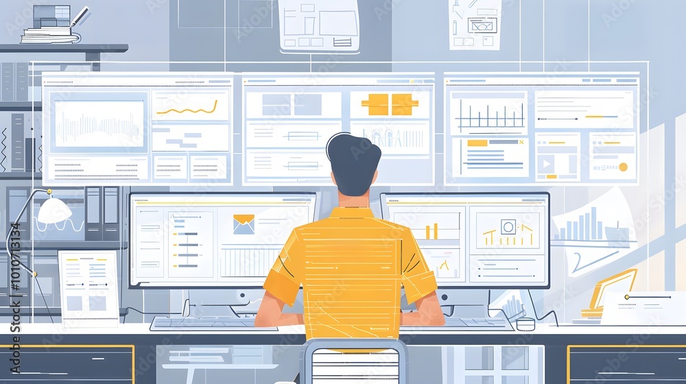 Naklejka premium A high-tech workspace featuring various low-fidelity wireframes, focusing on layout and structure, with simplified UI elements and annotations for planning and testing