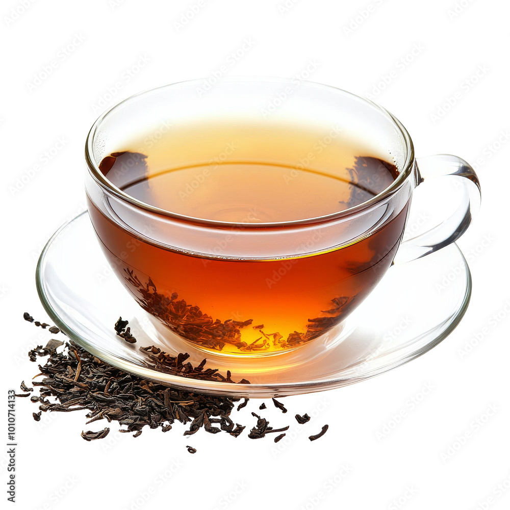 Clear Glass Cup Filled with Freshly Brewed Black Tea and Leaves