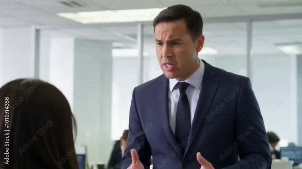 Manager reprimands employee during tense office meeting at corporate headquarters Manager reprimands employee during tense office meeting at corporate headquarters