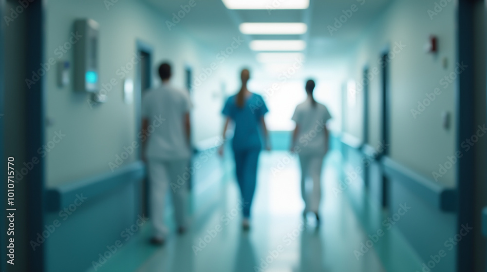 Blurred image of medical personnel walking along a bright hospital corridor Blurred image of medical personnel walking along a bright hospital corridor