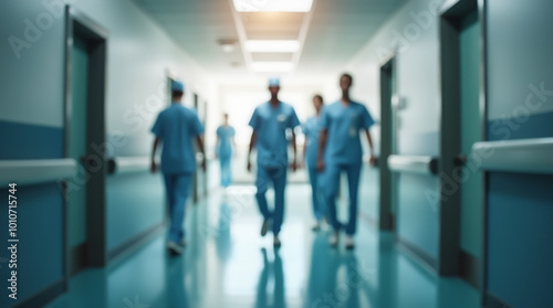 Blurred image of medical personnel walking along a bright hospital corridor