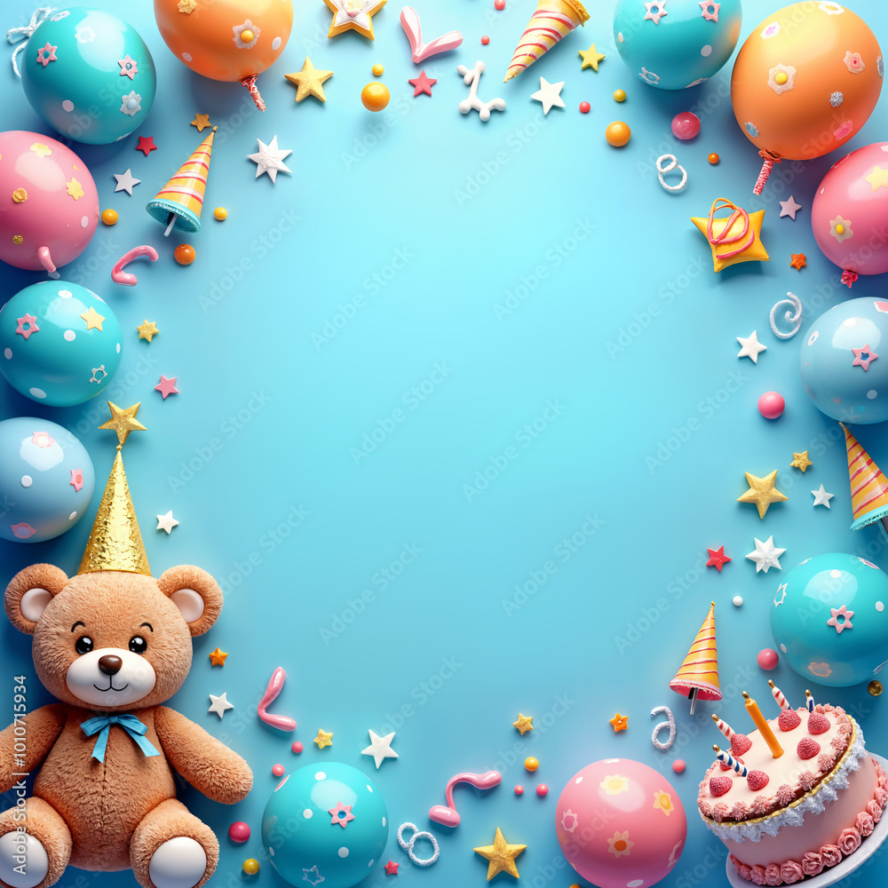 Greeting card. Vibrant and colorful digital illustration featuring a large blue circle surrounded by various party decorations, including balloons, stars, and candies, with a teddy bear and a cake. Greeting card. Vibrant and colorful digital illustration featuring a large blue circle surrounded by various party decorations, including balloons, stars, and candies, with a teddy bear and a cake.