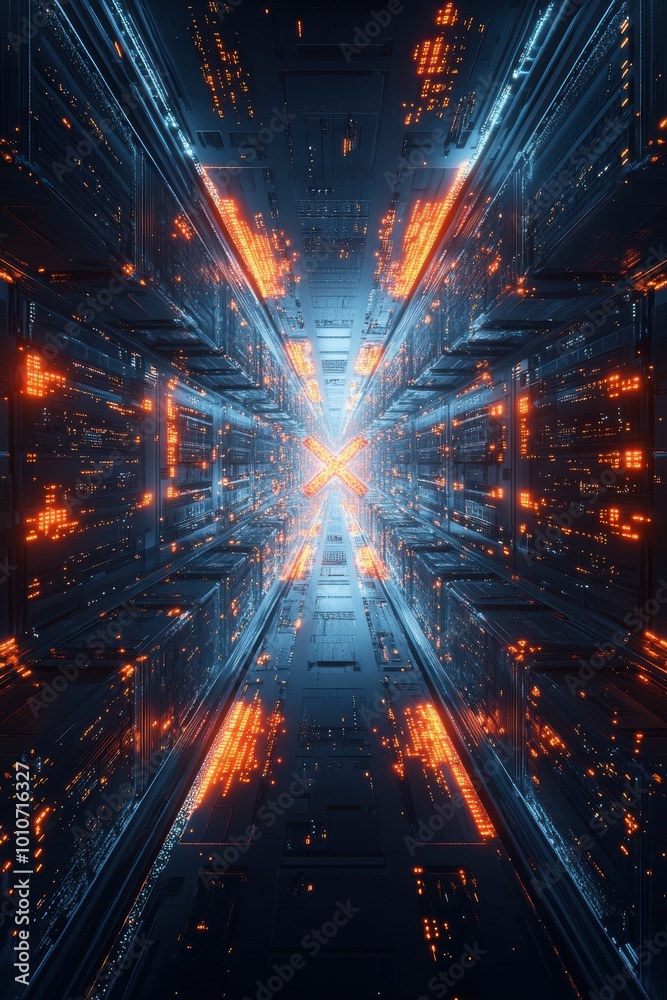 Naklejka premium Futuristic Digital Tunnel with Glowing Orange and Blue Lights Creating a Sci-Fi Cyberpunk Atmosphere