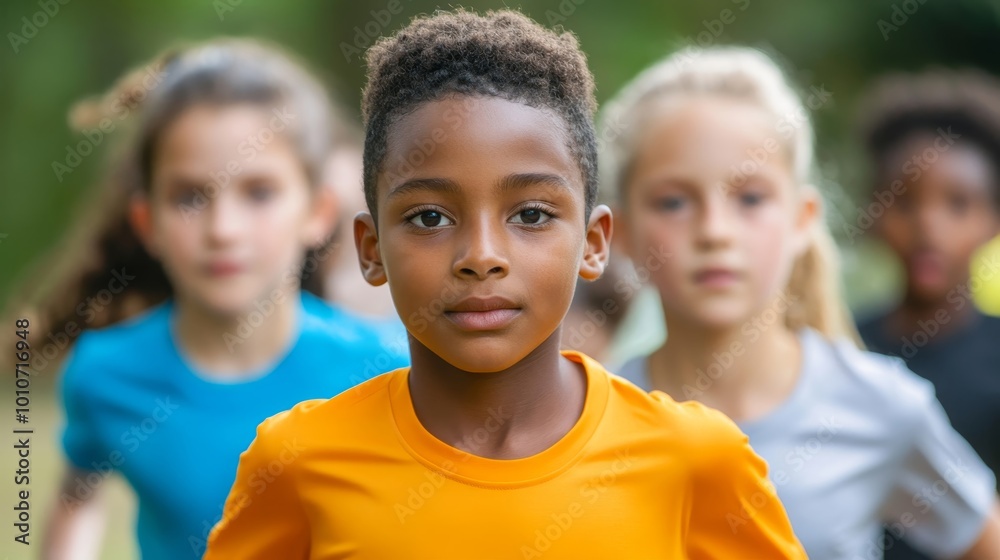 Determined Mixed-Race Children Ready for Sprint Race in Vibrant Outdoor Setting Determined Mixed-Race Children Ready for Sprint Race in Vibrant Outdoor Setting